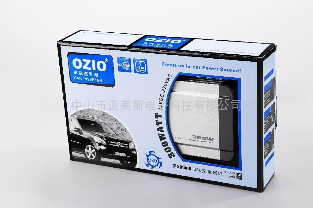 【技术参数】 输出电压:220V/50Hz 输入电压:11-15V 输出功率:300W 输出波形:MODIFIED SINE USB INTERFACE USB接口:5V DC ,500MA 产品认证:CE、ROHS、FCC、E-MARK 【产品特性】 OZIO(奥舒尔)自主设计与研发的汽车电源产品有:车载电源逆变器、车载充电器、车载点烟器、汽车应急电源、汽车冰箱等产品。产品拥有十多个专利项目,并相继通过了CE, RoHS, FCC, E-MAKE等国际认证。 1、持续功率300W; 2、全新专利设计,金